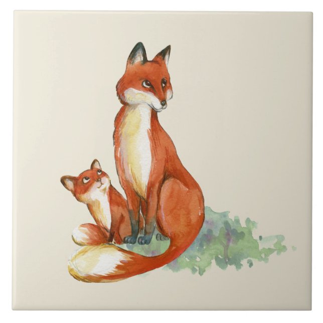 Carreau Illustration de l'aquarelle Momma Fox et Baby (Devant)