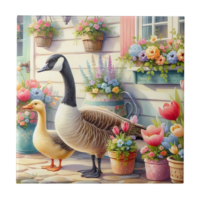 Carreau Illustration de printemps d'oies de jardin de cott (Devant)