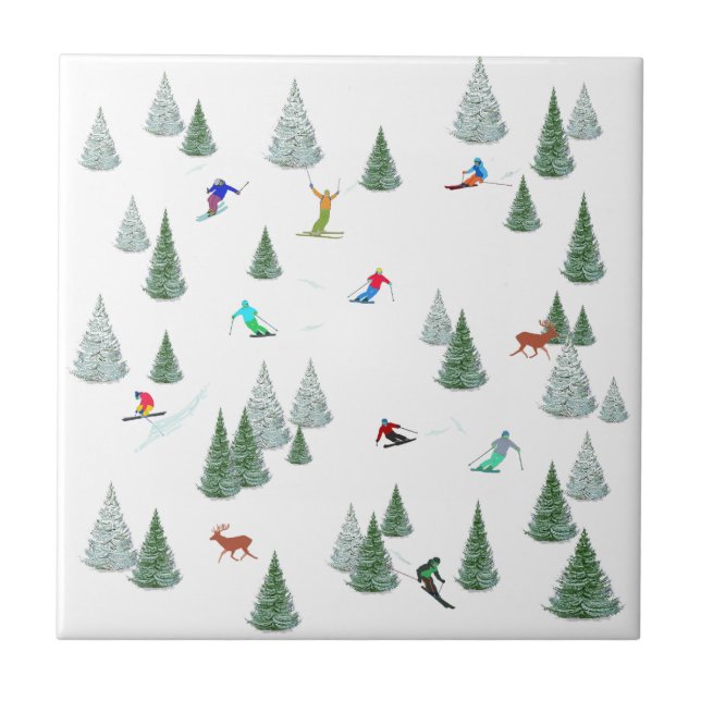 Carreau Illustration de skieurs en ski descente Blanc  (Devant)