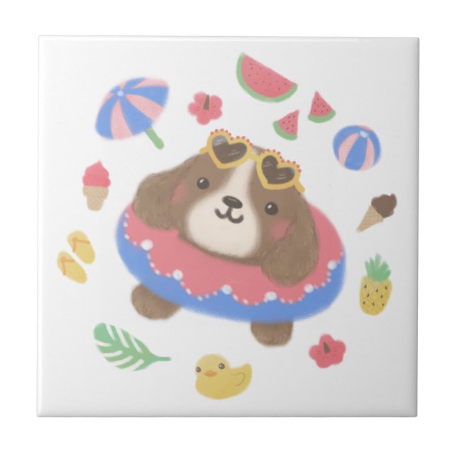 Carreau Illustration du chien espagnol d'été mignon (Devant)