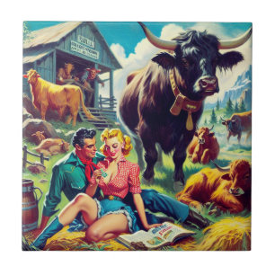 Carreau Illustration d'un couple de pays rétro