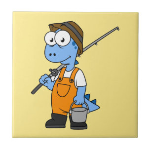 Carreau Illustration D'Un Pêcheur D'Allosaurus.