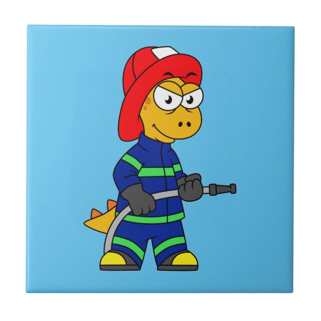 Carreau Illustration D'Un Pompier Tyrannosaurus Rex. (Devant)