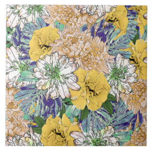 Carreau Illustration florale à la mode jaune et verte
