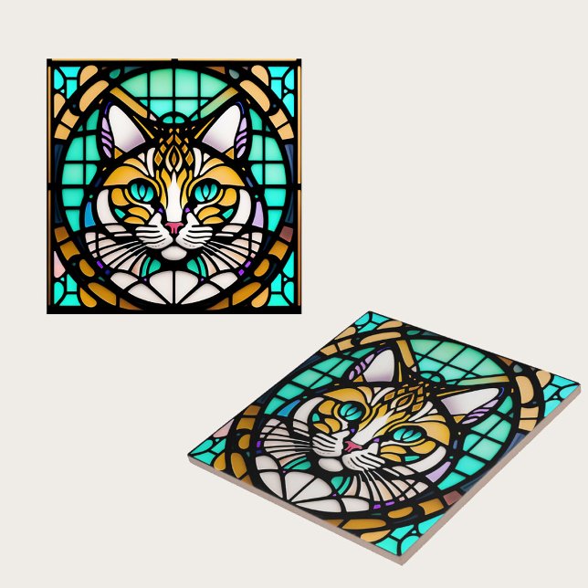 Carreau Illustration moderne Turquoise en verre de chat (Créateur téléchargé)