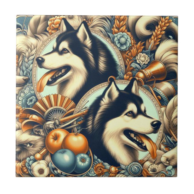 Carreau Illustration Retro Siberian Husky (Devant)