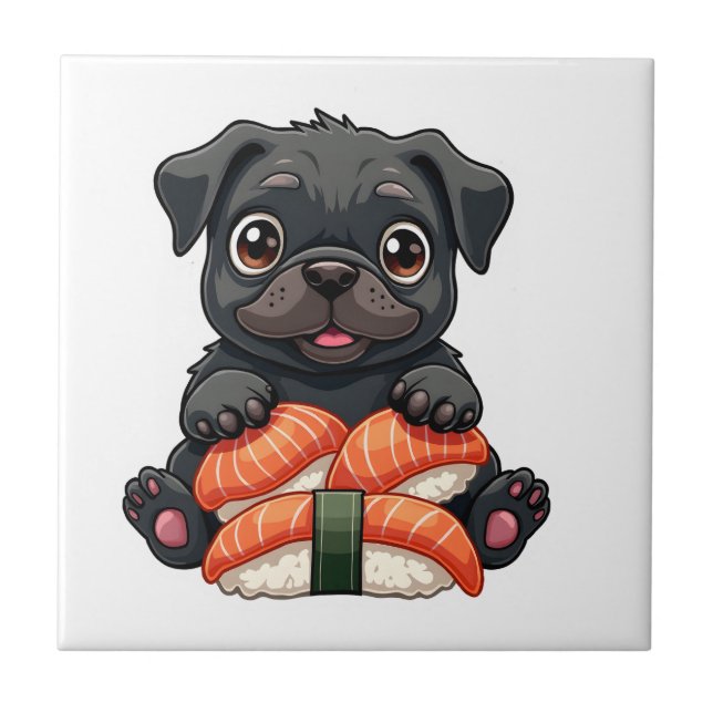 Carreau Illustration vectorielle de sushi de pug noir mign (Devant)
