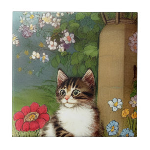 Carreau Illustration vintage de chat avec fleurs de printe