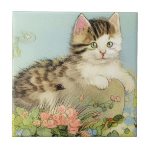 Carreau Illustration vintage de chat avec fleurs roses