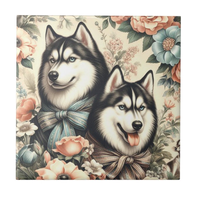 Carreau Illustration vintage de Husky en Sibérie (Devant)