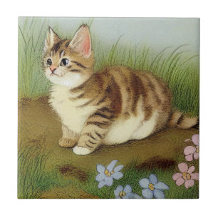Carreau Illustration vintage Kitten avec fleurs