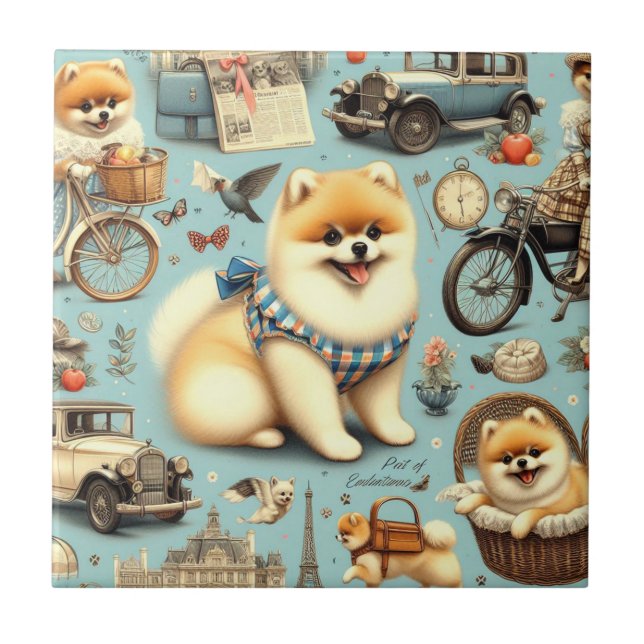 Carreau Illustration vintage Poméranie sans fil (Devant)
