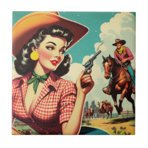 Carreau Illustration vintage Pulp Cowgirl