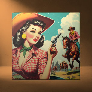 Carreau Illustration vintage Pulp Cowgirl
