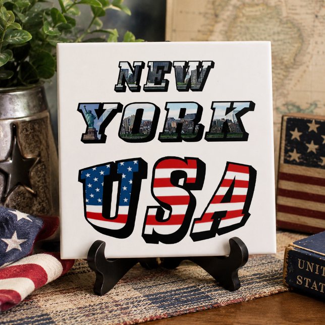 Carreau Image de New York et texte du drapeau des États-Un (New York Picture and USA Flag Text Tile)