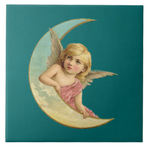 Carreau Image vintage - Angel assis sur une lune de croiss