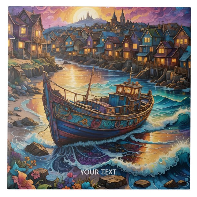 Carreau Imaginaire Cute Boat Village Sunset (Devant)