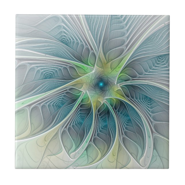 Carreau Imaginaire fleuri Moderne Bleu Vert Fractal Fleur (Devant)
