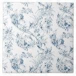 Carreau Imaginaire Floral vintage gravé bleu toile<br><div class="desc">Elégant motif de toile bleu sur blanc du XIXe siècle,  adapté d'un dessin français de la collection Smithsonian,  avec fleurs d'imaginaires,  feuilles et vignes,  guerrier indigène et personnages humains cupides.</div>