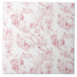 Carreau Imaginaire Floral vintage gravé rose-toile<br><div class="desc">Elégant motif de toile rose sur blanc du XIXe siècle,  vintage et adapté d'un dessin français de la collection Smithsonian,  avec fleurs d'imaginaires,  feuilles et vignes,  guerrier indigène et personnages humains cupides.</div>