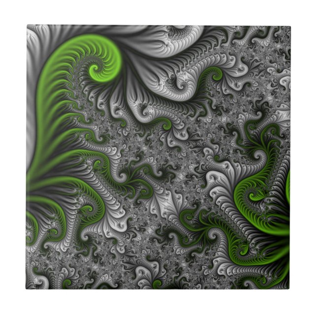 Carreau Imaginaire Monde Vert Et Gris Art Fractal Abstrait (Devant)