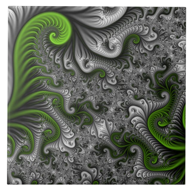 Carreau Imaginaire Monde Vert Et Gris Art Fractal Abstrait (Devant)
