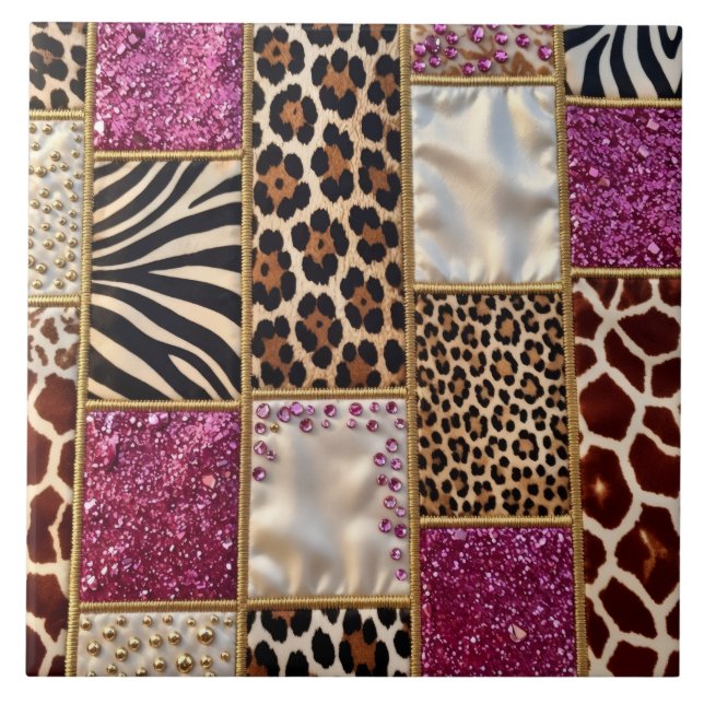 Carreau Impression Animale de Luxe Rose Faux Paillettes (Devant)