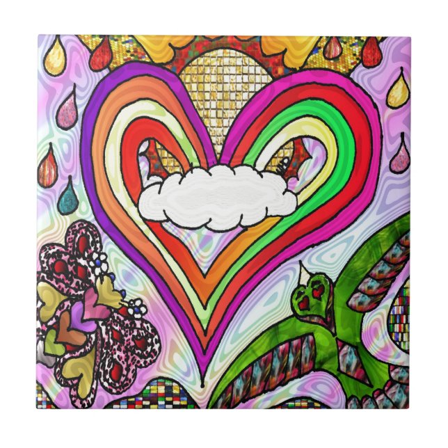 Carreau Impression d'art de cœur arc-en-ciel psychédélique (Devant)