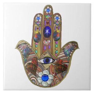 Carreau Impression d'art opale cœurs Hamsa Judaica