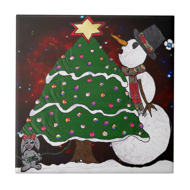 Carreau Impression d'art Surprise Bonhomme de Neige Arbre  (Devant)
