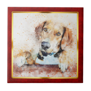 Carreau Impression de chien abstrait encadré rouge et or