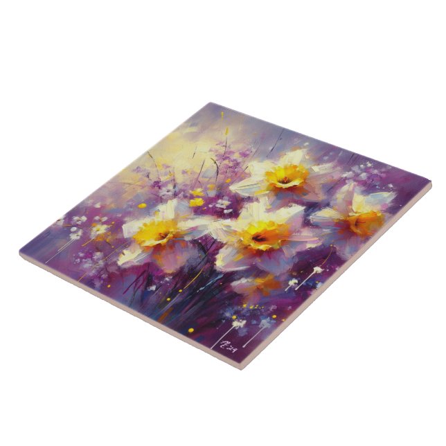Carreau Impressionniste Daffodique Floral Purple Jaune Art (Côté)