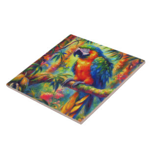 Carreau Impressionniste perroquet tropical Oiseau bleu ver
