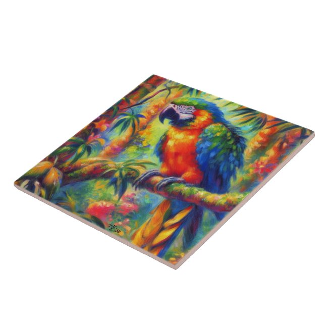 Carreau Impressionniste perroquet tropical Oiseau bleu ver (Côté)