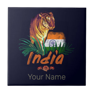 Carreau Inde Tigre Vintage Avec Drapeau Retro Lotus Souven