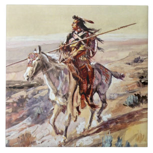 Carreau "Indian With Spear", Cowboy Art de Charles Russell