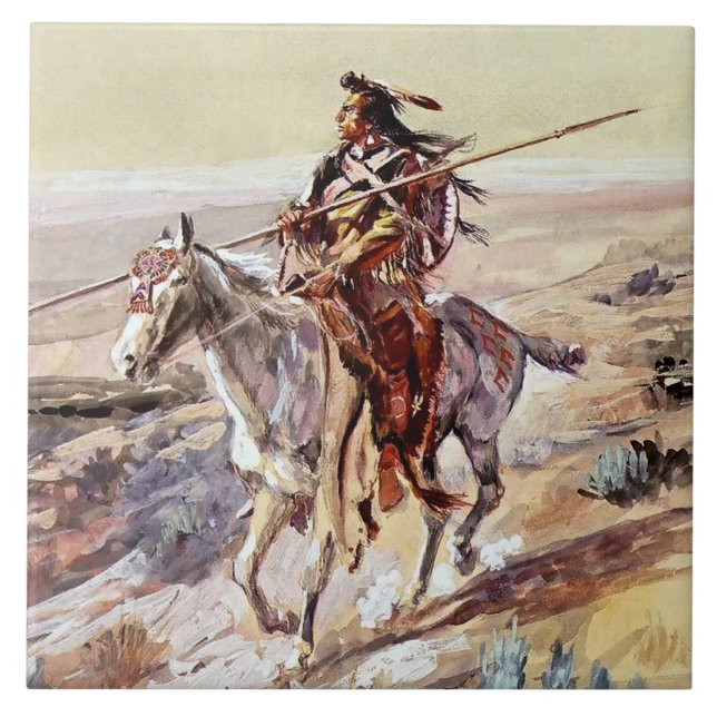 Carreau "Indian With Spear", Cowboy Art de Charles Russell (Devant)