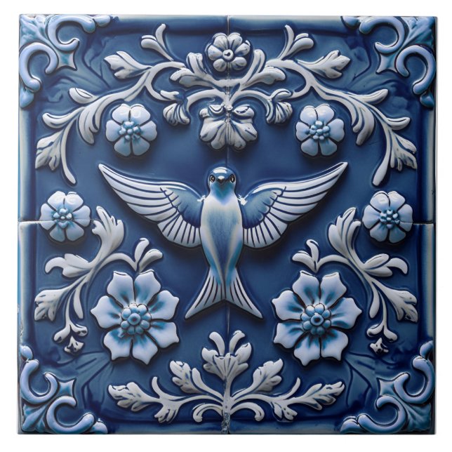 Carreau Indigo Azulejo Bleu Portugais Lisbonne oiseau (Devant)