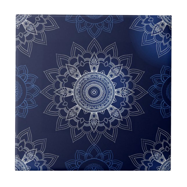 Carreau Indigo Azulejo bleu portugais Mandala décoratif (Devant)
