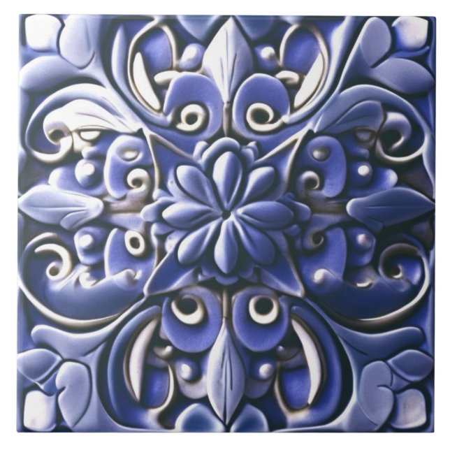 Carreau Indigo Azulejo Blue Faux Relief Fleur botanique (Devant)