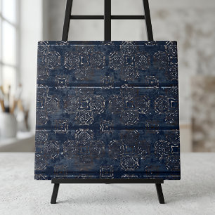 Carreau Indigo Bleu Rustique Damassé Sur Bois Rayé