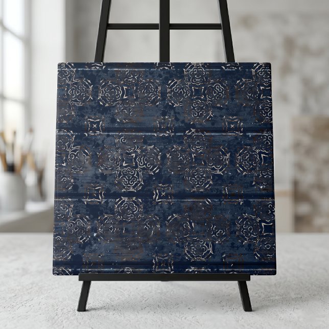 Carreau Indigo Bleu Rustique Damassé Sur Bois Rayé (Créateur téléchargé)
