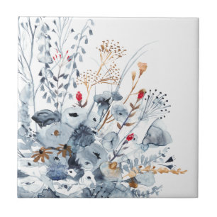 Carreau Indigo & Ochre - Fleurs aquarelles