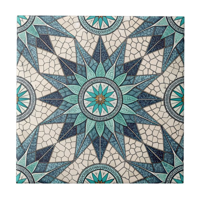 Carreau Indigo Teal Compass Mosaic – Stained Glass (Devant)