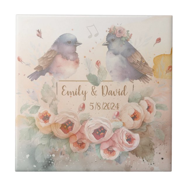 Carreau Inséparables aquarelle avec roses pour mariage (Devant)