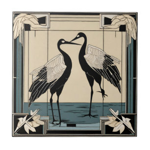 Carreau Inséparables deux grues Bleu Art Déco Art Nouveau