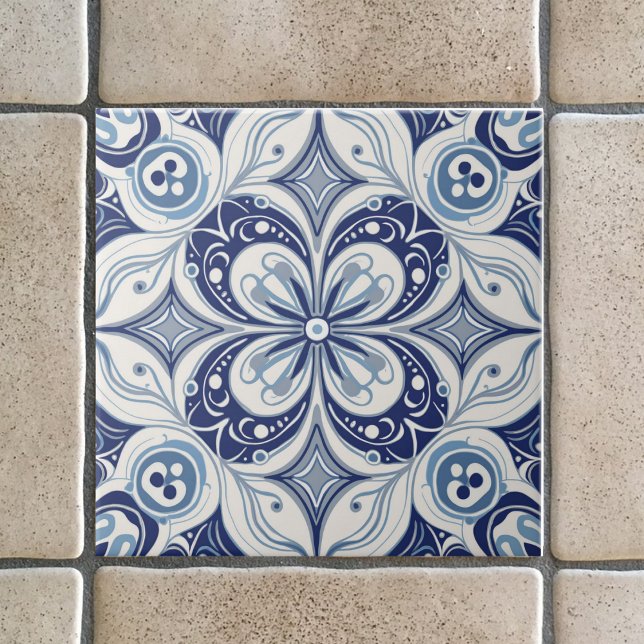 Carreau Inspiration Méditerranéenne Fleur Bleue Géométriqu (Créateur téléchargé)