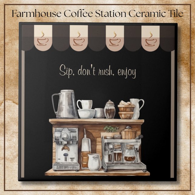 Carreau Invitation Décorative de Station de Café de Ferme  (Inviting Black Farmhouse Coffee Station Decorative Tile)