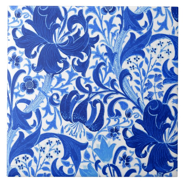 Carreau Iris de William Morris et lis, bleu de cobalt (Devant)