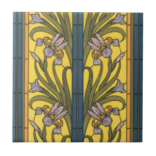 Carreau Iris Fleur Art Nouveau Vitrail Bleu Or